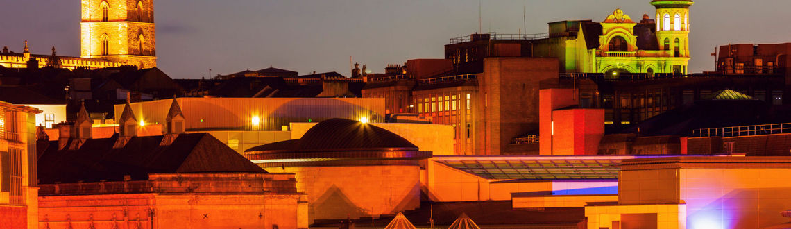 Derry, Northern Ireland, lit up during Halloween-time.