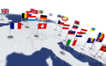Map of Europe with various countries' national flags.