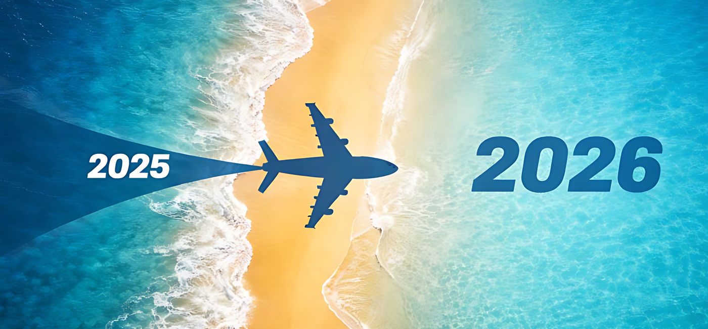 Image: Airplane flying from year 2025 towards 2026 over a tropical beach (Photo Credit: aigiants / Adobe Stock / Generated with AI)