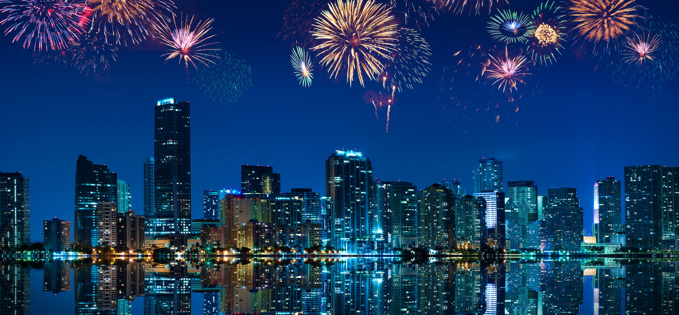 Image: New Year's Eve fireworks over downtown Miami, Florida. (Photo Credit: Adobe Stock/Carsten Reisinger)