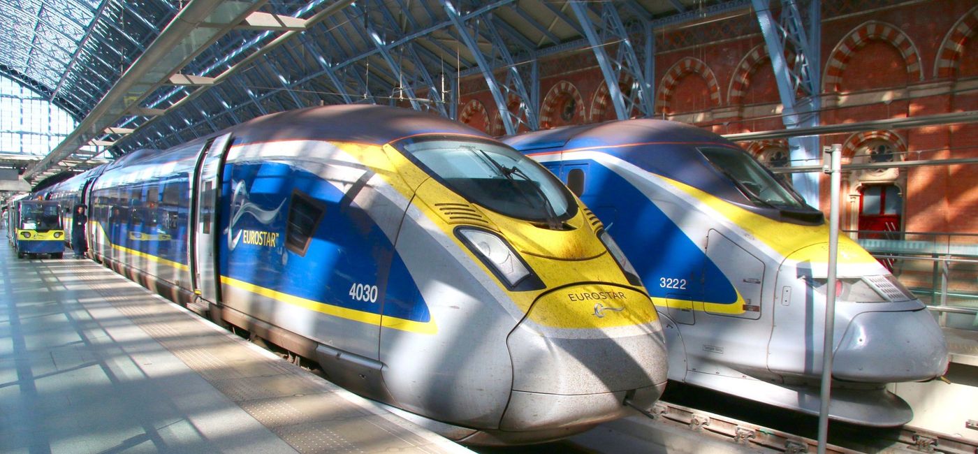 Image: Two Eurostar trains at St. Pancras station in London. (Photo via kitmasterbloke / Flickr)
