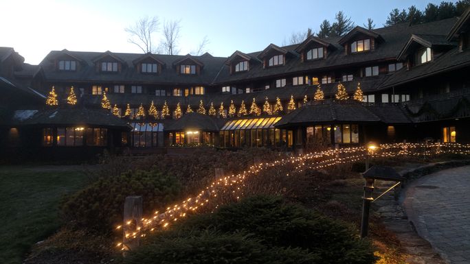 Lodge with Christmas lights in Stowe