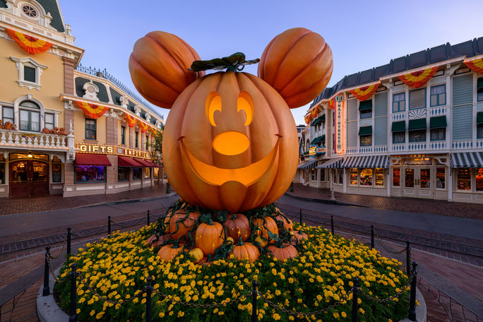 The giant Mickey Mouse Pumpkin during Halloween Time at Disneyland Resort.