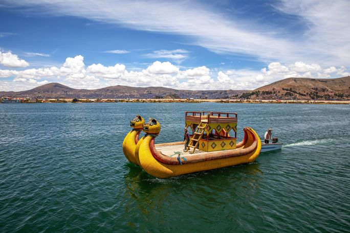 Traditional straw boat on Lake Titicaca, Peru.