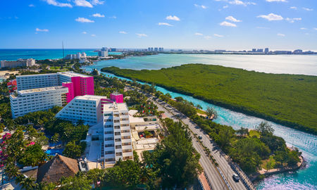 An aerial view of Cancun's Hotel Zone at Playa Linda.